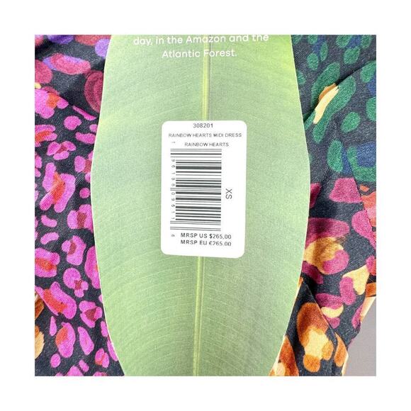 Farm Rio Rainbow Hearts Lenzing Ecovero Viscose Midi Dress Multicolor SZ XS NWT - Picture 9 of 12